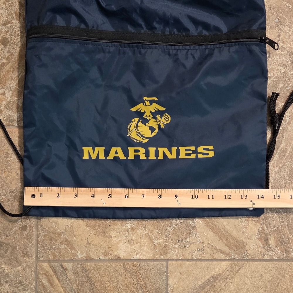 US Marines Drawstring Cinch Bag Navy Blue USMC Gym Sackpack with Zipper Pocket - Picture 3 of 5